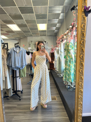 Cream jumpsuit with brown polka dots