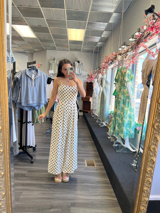 Cream jumpsuit with brown polka dots