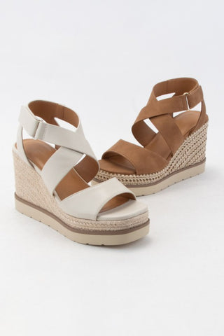Wedge strappy sandals (bone and tan) 