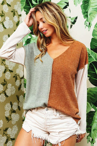 V-neck color block sweater (sage/rust)