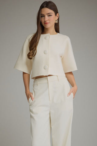 Eleanor Cream Cropped Knit Cardigan – Bold Button 3/4 Sleeve Sweater