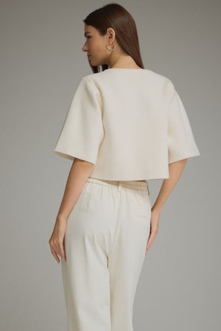 Eleanor Cream Cropped Knit Cardigan – Bold Button 3/4 Sleeve Sweater