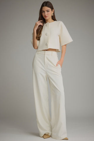 Eleanor Cream Cropped Knit Cardigan – Bold Button 3/4 Sleeve Sweater