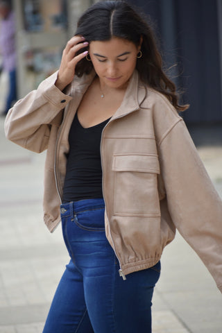 Lux-Soft Faux Suede Zip-Front Utility Jacket - Taupe