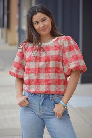 Ruby Gingham Puff Sleeve Top – Vintage Red & Taupe Plaid