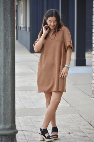 Caramel Faux Suede Collared Mini Dress with Pockets