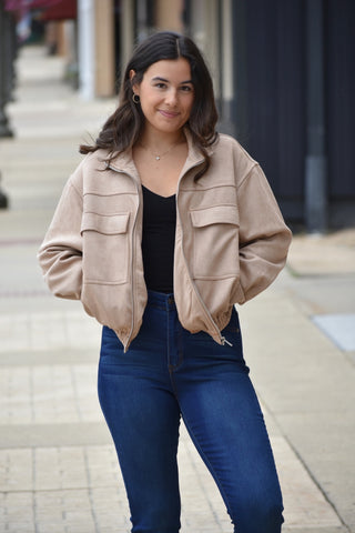 Lux-Soft Faux Suede Zip-Front Utility Jacket - Taupe