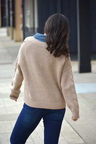 Denim Collar Cable Knit Sweater – Chic 2-in-1 Layered Pullover
