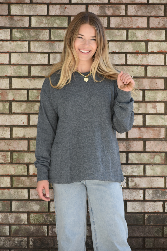 Gray ribbed knit top with drawstring waist