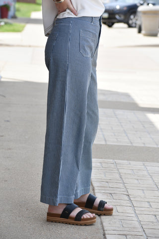 Coastal High-Waisted Striped Wide-Leg Denim Jeans
