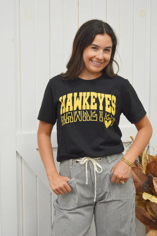 Iowa Hawkeyes Heart Boutique Tee - Black & Gold Gameday Graphic Shirt