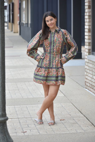 Dusty Olive Boho Floral Long Sleeve Shirt Dress