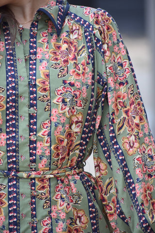 Dusty Olive Boho Floral Long Sleeve Shirt Dress
