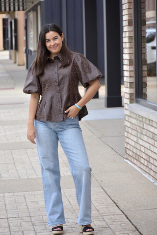 Wild Side Leopard Faux Leather Puff Sleeve Top