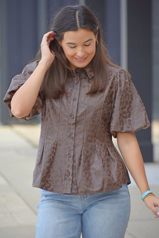 Wild Side Leopard Faux Leather Puff Sleeve Top