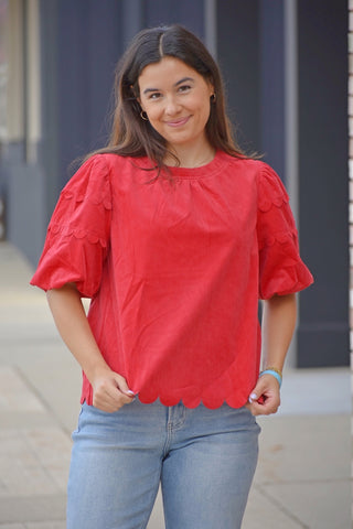 Festive Scalloped Corduroy Bubble Sleeve Top - Holiday Red