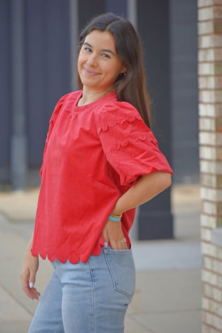 Festive Scalloped Corduroy Bubble Sleeve Top - Holiday Red