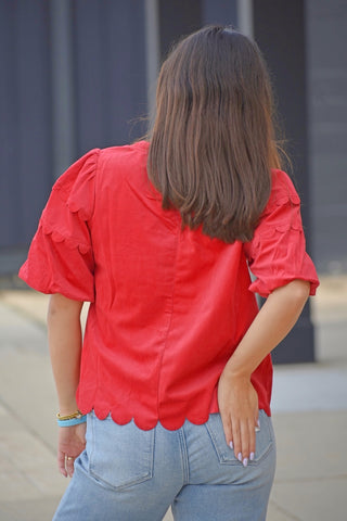 Festive Scalloped Corduroy Bubble Sleeve Top - Holiday Red