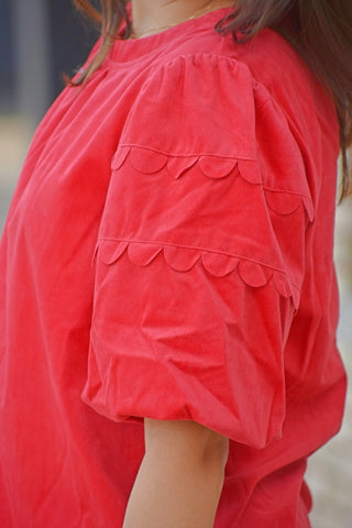 Festive Scalloped Corduroy Bubble Sleeve Top - Holiday Red