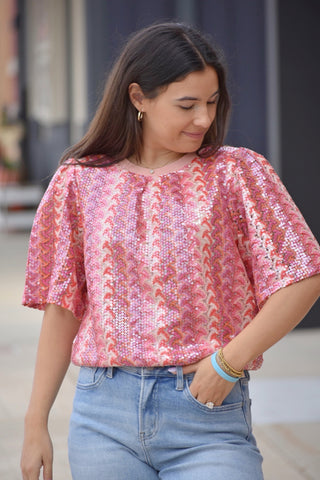 Pink Vertical Stripe Sequin Flutter Sleeve Top