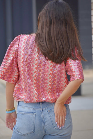 Pink Vertical Stripe Sequin Flutter Sleeve Top
