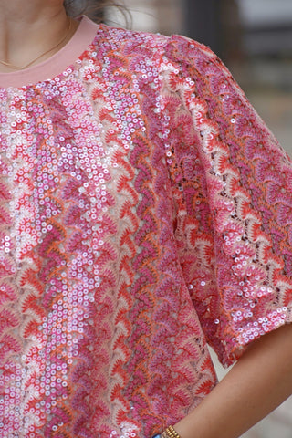 Pink Vertical Stripe Sequin Flutter Sleeve Top