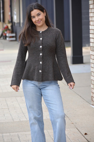 Aurora Peplum Button-Up Flare Sweater