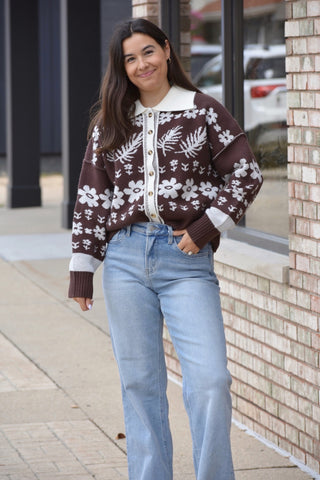Autumn Bloom Collared Cardigan – Vintage Floral & Leaf Knit Sweater