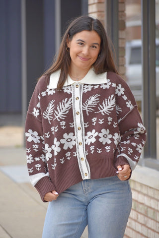 Autumn Bloom Collared Cardigan – Vintage Floral & Leaf Knit Sweater