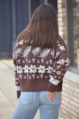 Autumn Bloom Collared Cardigan – Vintage Floral & Leaf Knit Sweater
