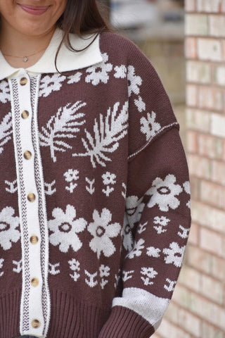 Autumn Bloom Collared Cardigan – Vintage Floral & Leaf Knit Sweater