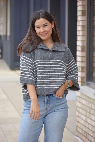 Avery Quarter-Button Half-Sleeve Mock Neck Sweater