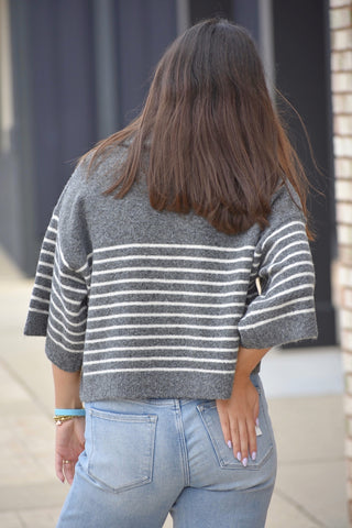 Avery Quarter-Button Half-Sleeve Mock Neck Sweater