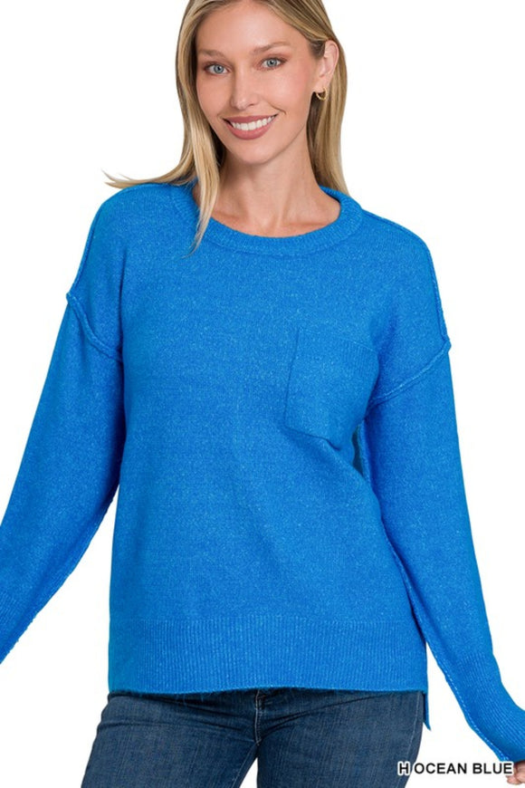 Hi-low hem ocean blue melange sweater