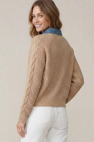 Denim Collar Cable Knit Sweater – Chic 2-in-1 Layered Pullover