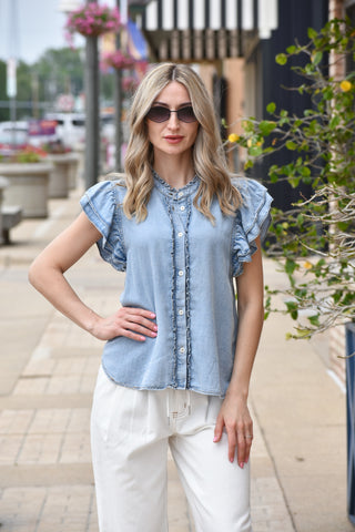 Denim Washed Flutter Sleeve Top