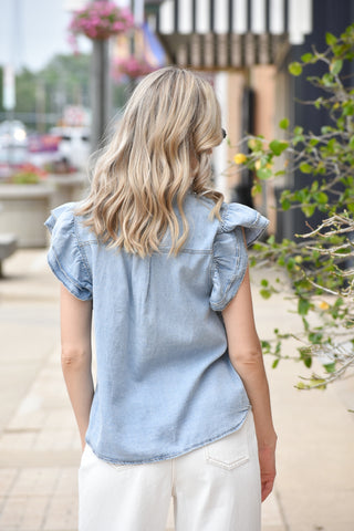 Denim Washed Flutter Sleeve Top