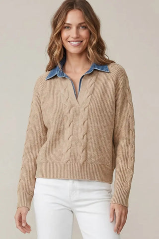 Denim Collar Cable Knit Sweater – Chic 2-in-1 Layered Pullover