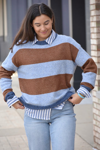 Oversized Bold Stripe Knit Pullover - Chocolate & Light Blue