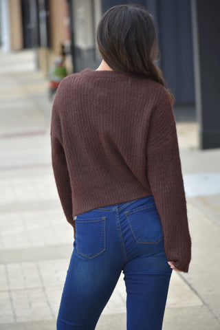 Rich Chocolate Textured Ribbed Cardigan – Round Neck Button Down