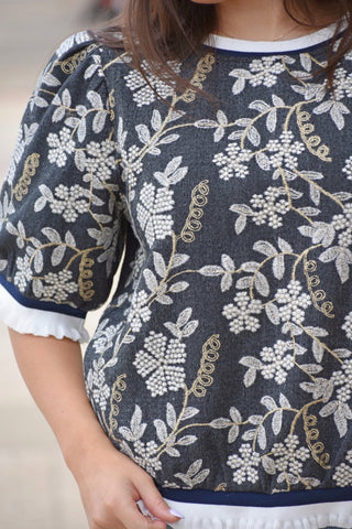 Chez Floral Embroidered Puff Sleeve Top – Banded Fall Top