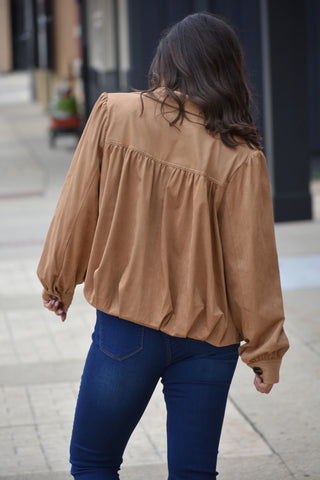Gathered Suede Bubble Hem Jacket – Pleated Chic Outerwear