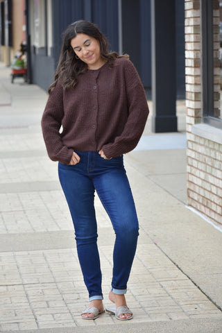 Rich Chocolate Textured Ribbed Cardigan – Round Neck Button Down