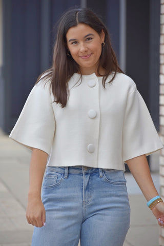 Eleanor Cream Cropped Knit Cardigan – Bold Button 3/4 Sleeve Sweater