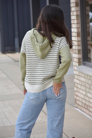 Sage Striped Henley Hooded Sweater | Cozy Fall Knit