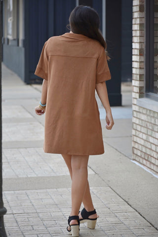 Caramel Faux Suede Collared Mini Dress with Pockets