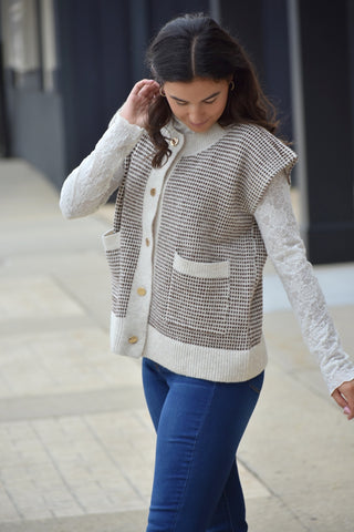 Elena Gold Button Textured Knit Vest – Oatmeal & Brown