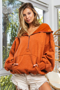 Half zip fleece hoodie (vintage rust)