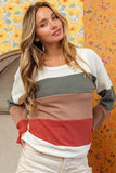 Ivory/olive/camel/rust color block waffle long sleeve top