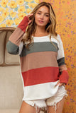 Ivory/olive/camel/rust color block waffle long sleeve top